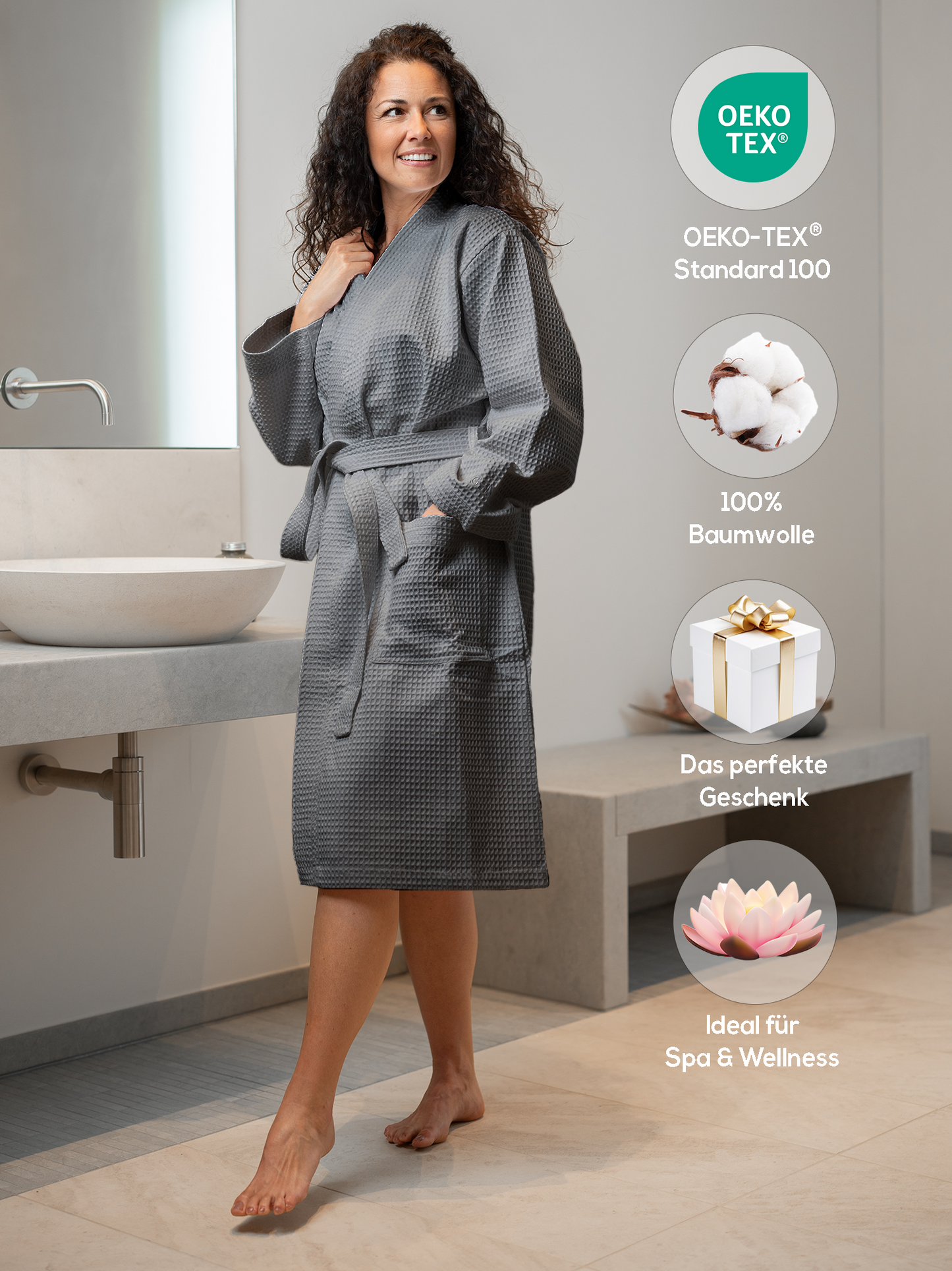 SIEGENTHAL® Damen Bademantel Waffelpique 100% Baumwolle mit Schalkragen Leicht Morgenmantel
