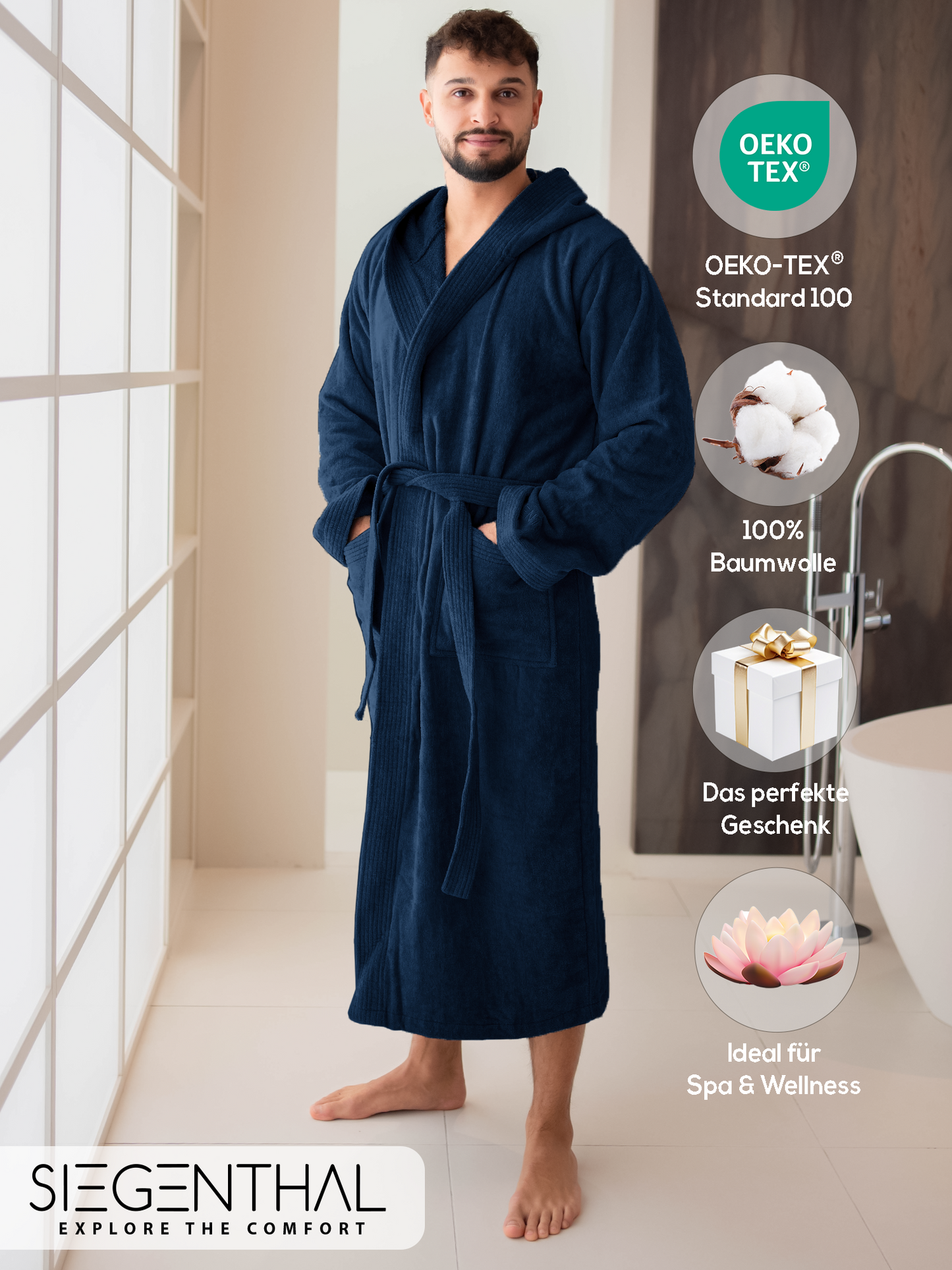 SIEGENTHAL® Herren Bademantel Frottee Velour 100% Baumwolle mit Kapuze Flauschig