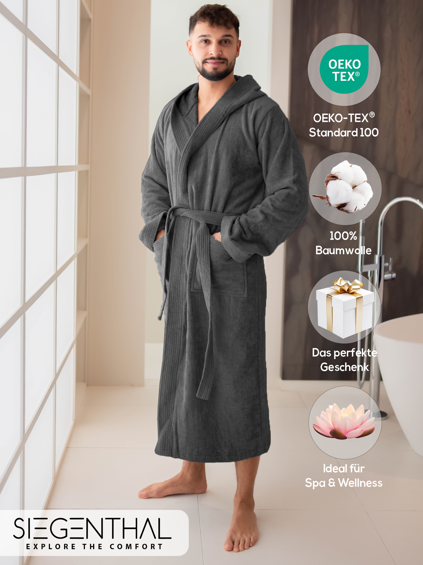 SIEGENTHAL® Herren Bademantel Frottee Velour 100% Baumwolle mit Kapuze Flauschig