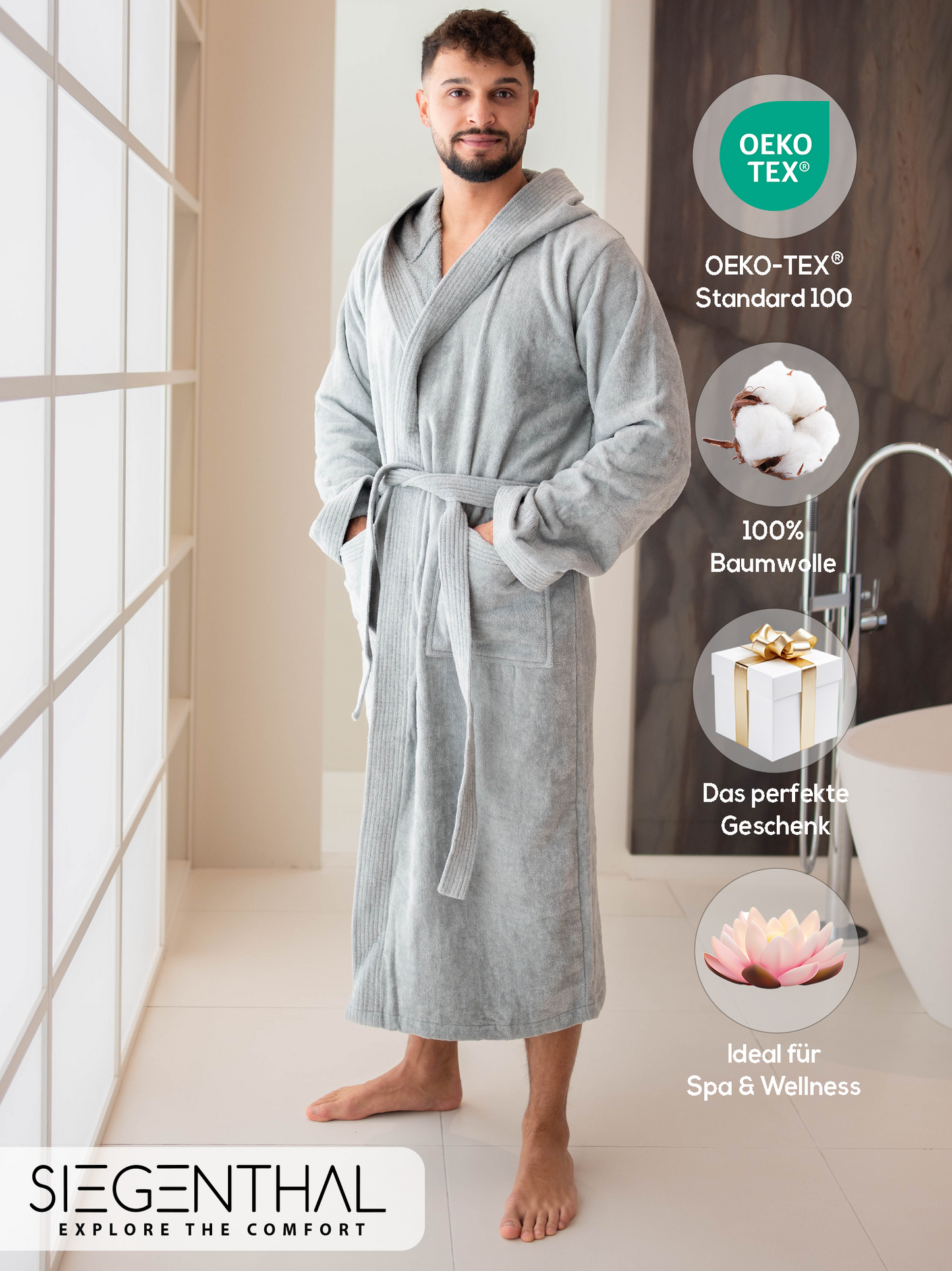 SIEGENTHAL® Herren Bademantel Frottee Velour 100% Baumwolle mit Kapuze Flauschig