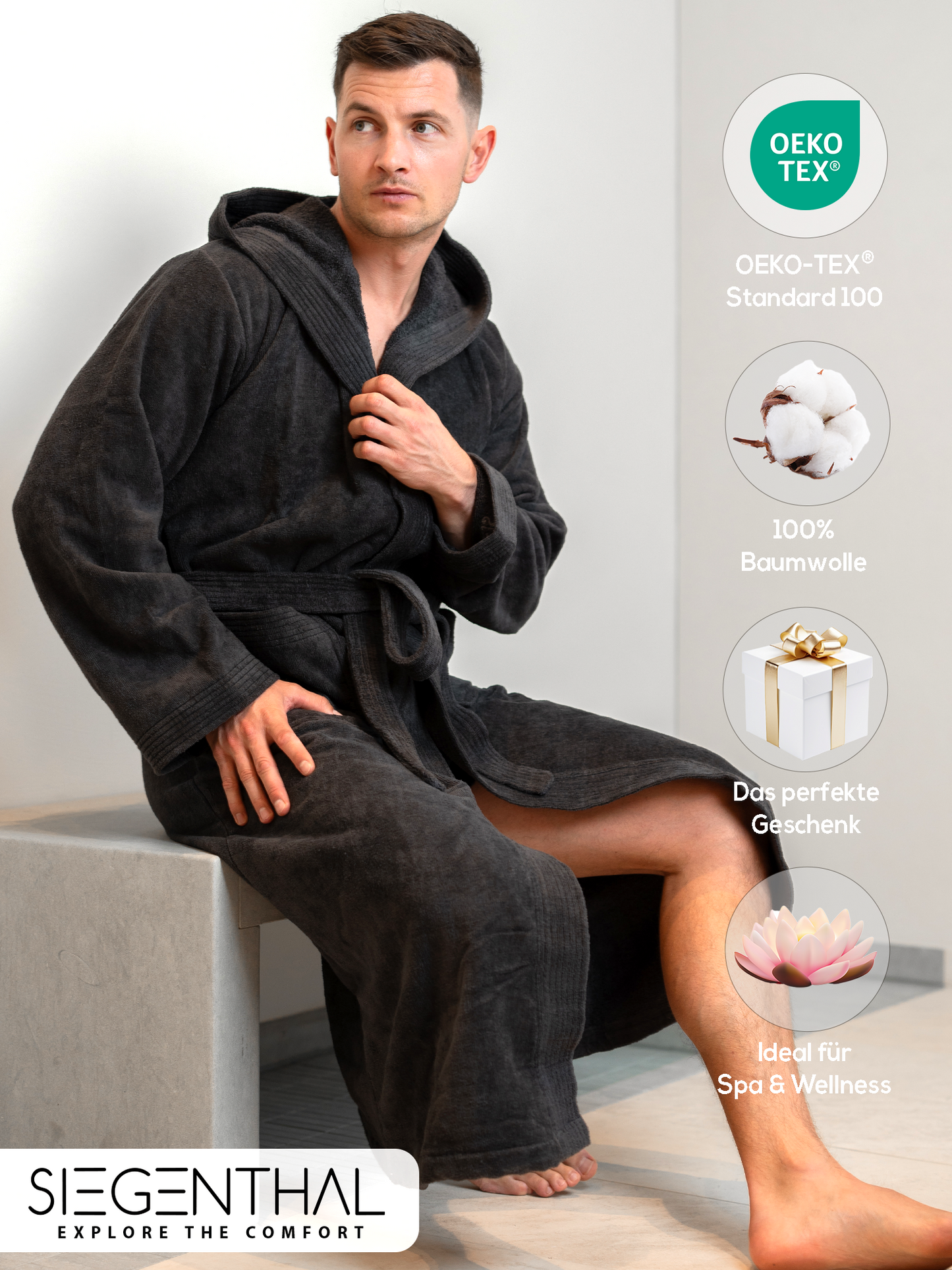SIEGENTHAL® Herren Bademantel Frottee Velour 100% Baumwolle mit Kapuze Flauschig
