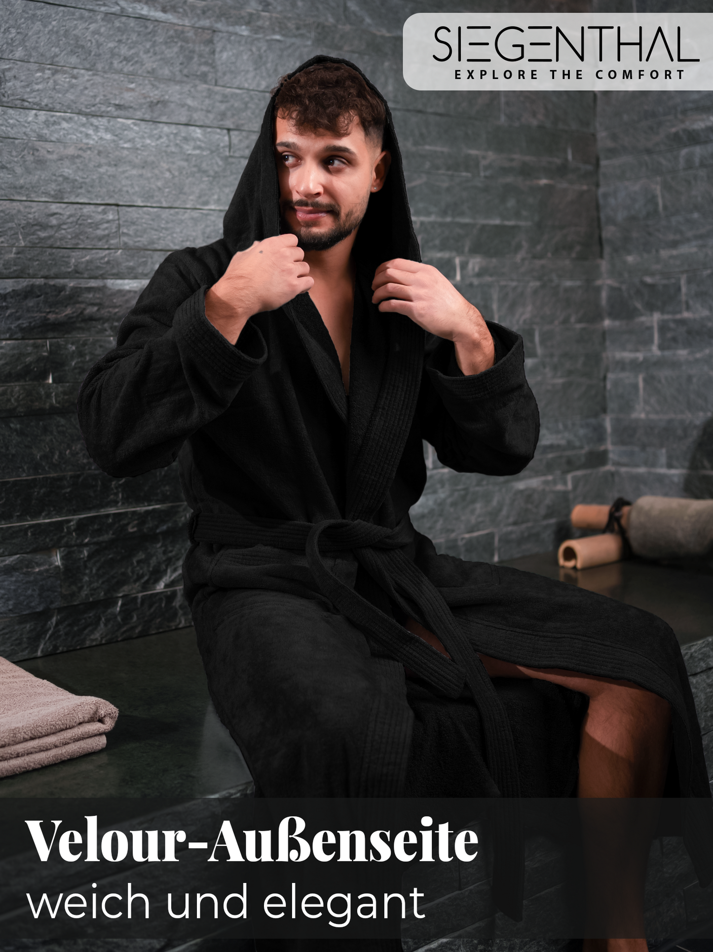 SIEGENTHAL® Herren Bademantel Frottee Velour 100% Baumwolle mit Kapuze Flauschig