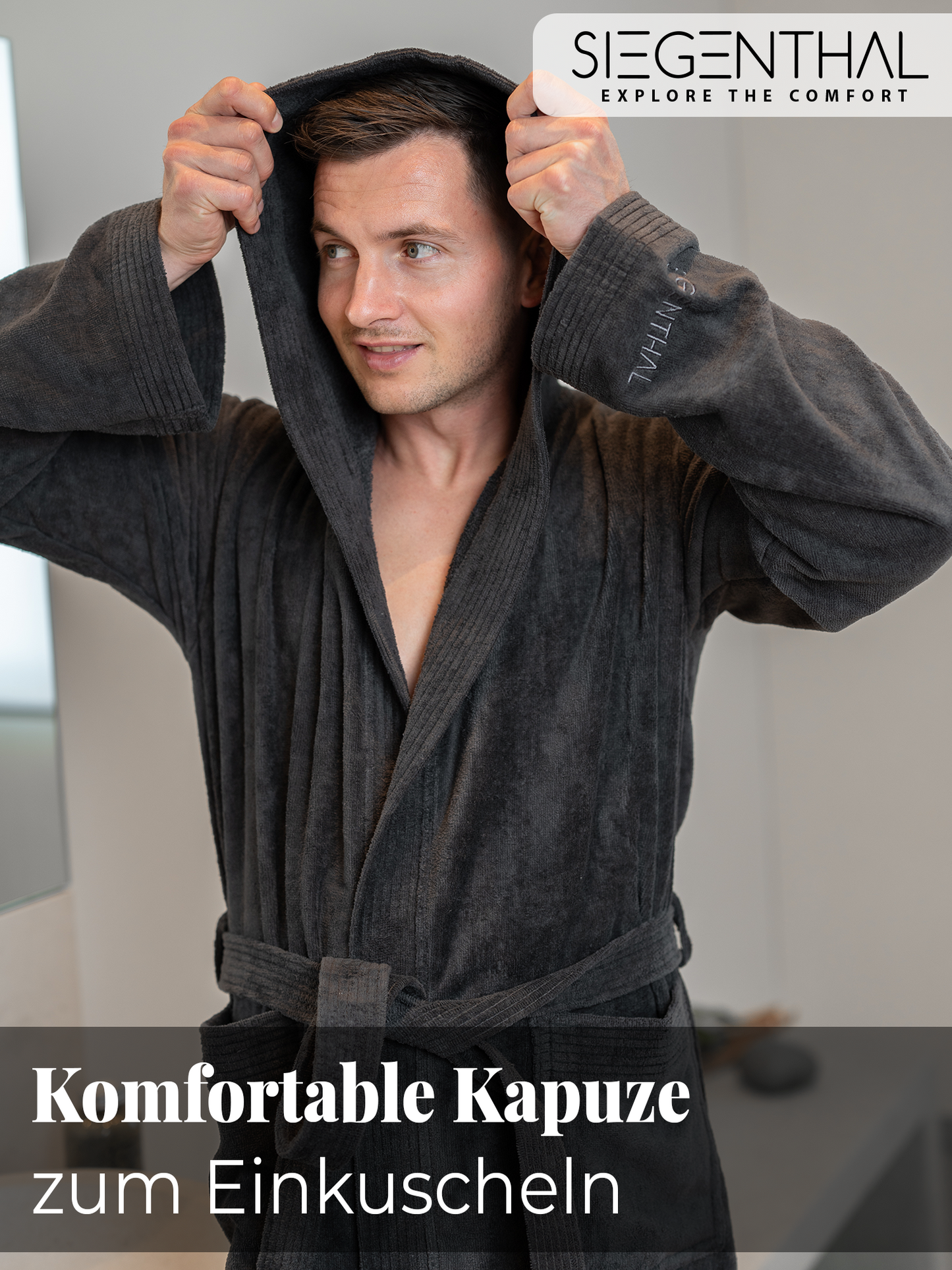 SIEGENTHAL® Herren Bademantel Frottee Velour 100% Baumwolle mit Kapuze Flauschig