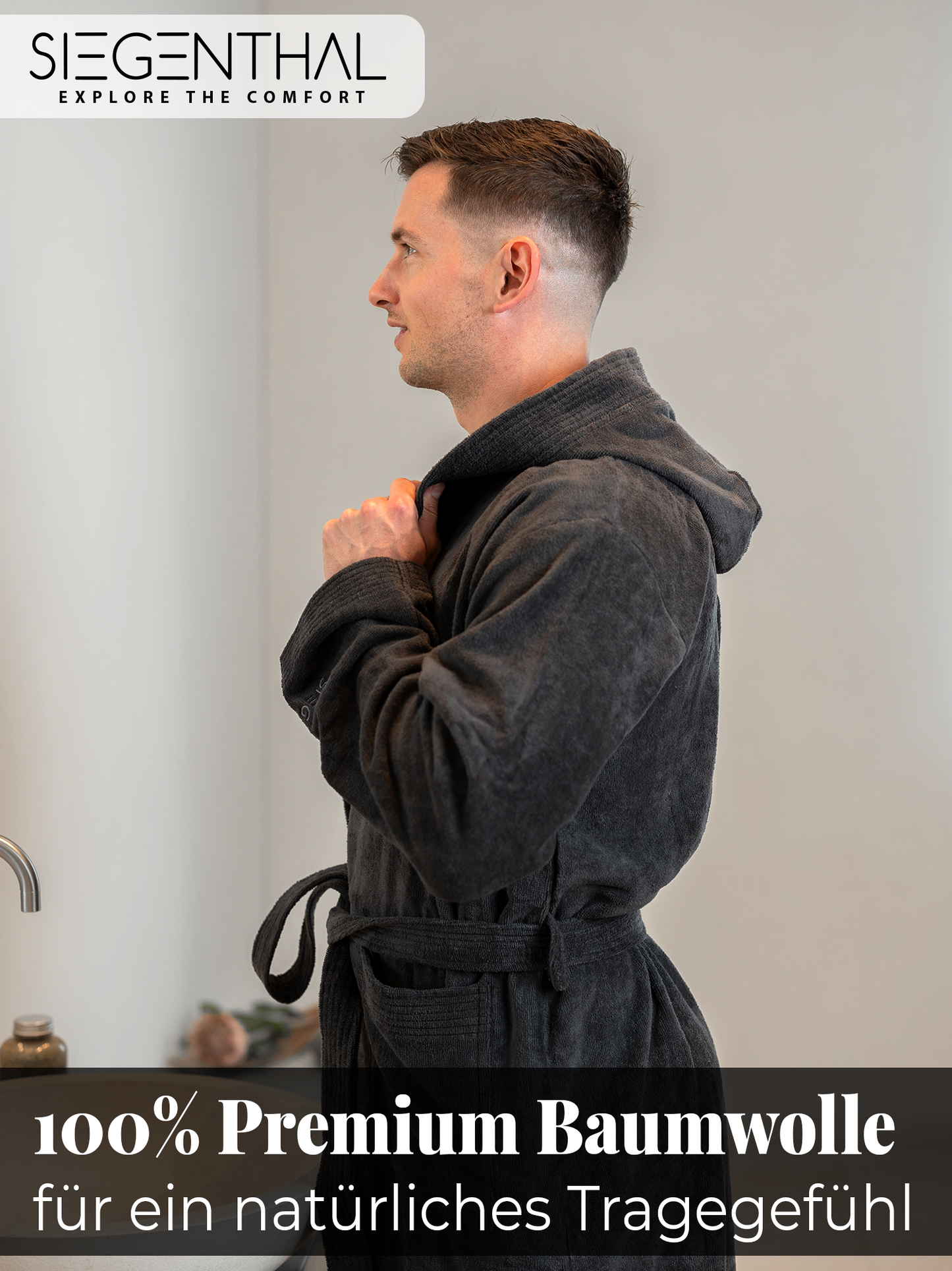 SIEGENTHAL® Herren Bademantel Frottee Velour 100% Baumwolle mit Kapuze Flauschig