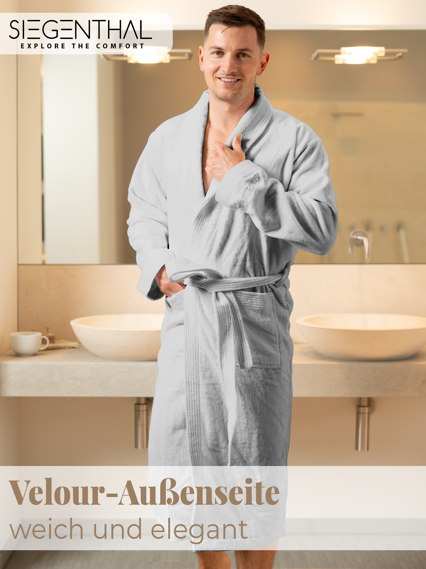 SIEGENTHAL® Herren Bademantel Velour 100% Baumwolle mit Schalkragen