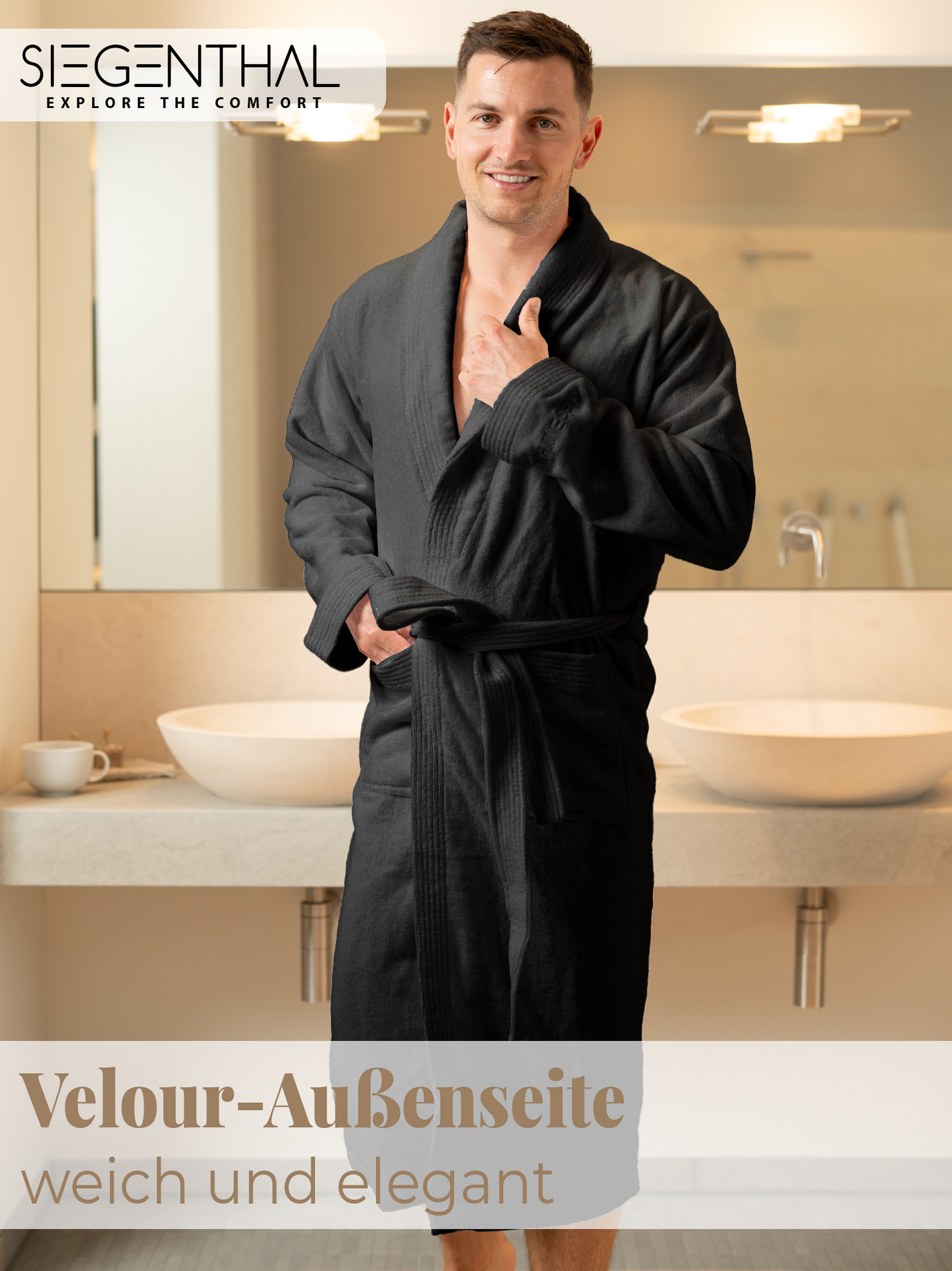SIEGENTHAL® Herren Bademantel Velour 100% Baumwolle mit Schalkragen