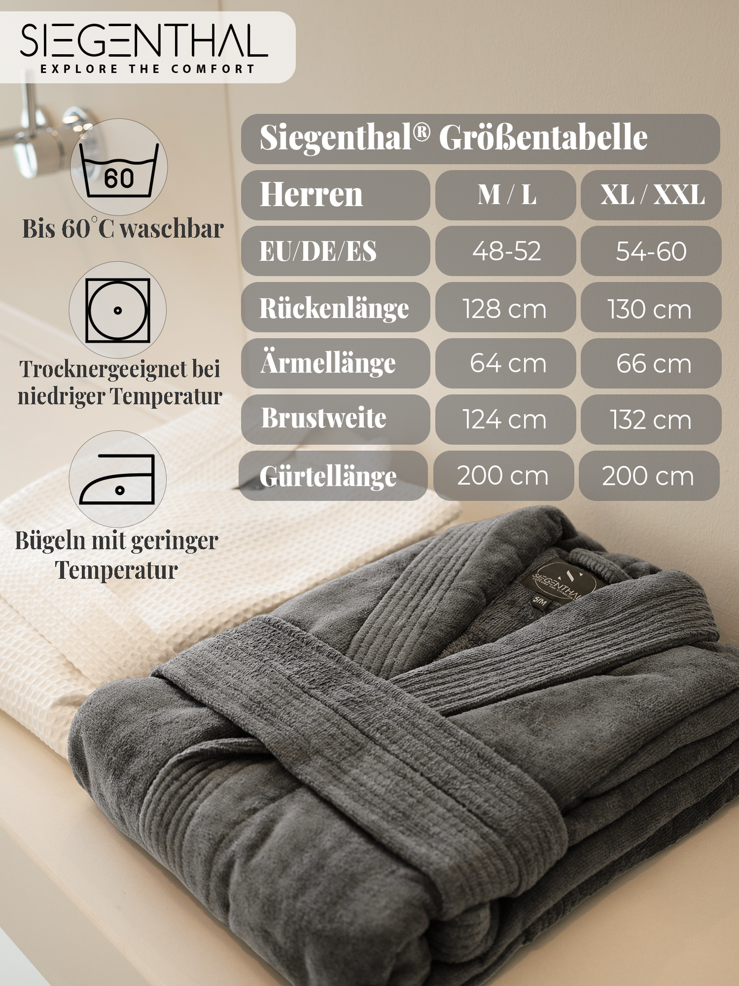 SIEGENTHAL® Herren Bademantel Velour 100% Baumwolle mit Schalkragen