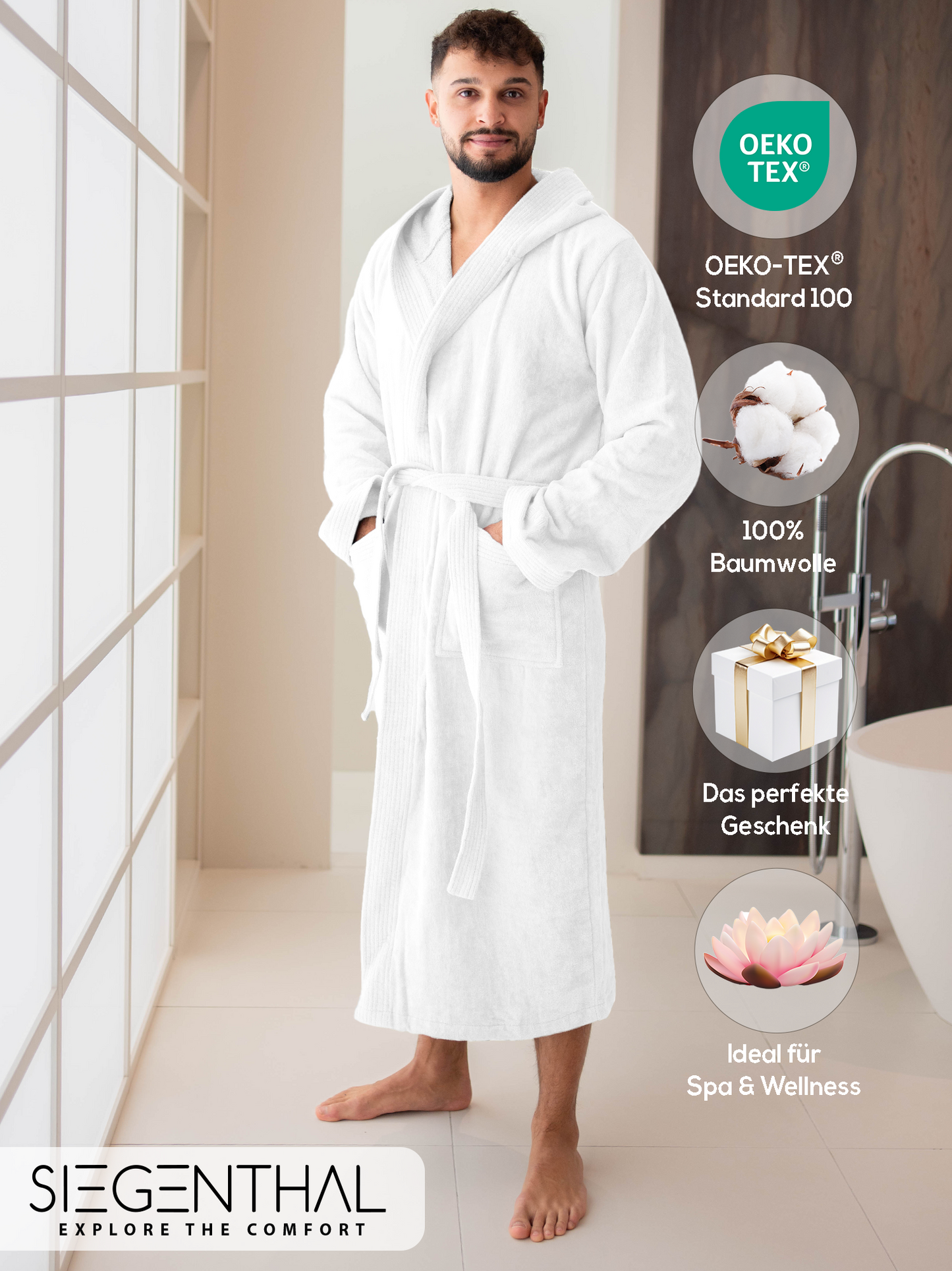 SIEGENTHAL® Herren Bademantel Frottee Velour 100% Baumwolle mit Kapuze Flauschig